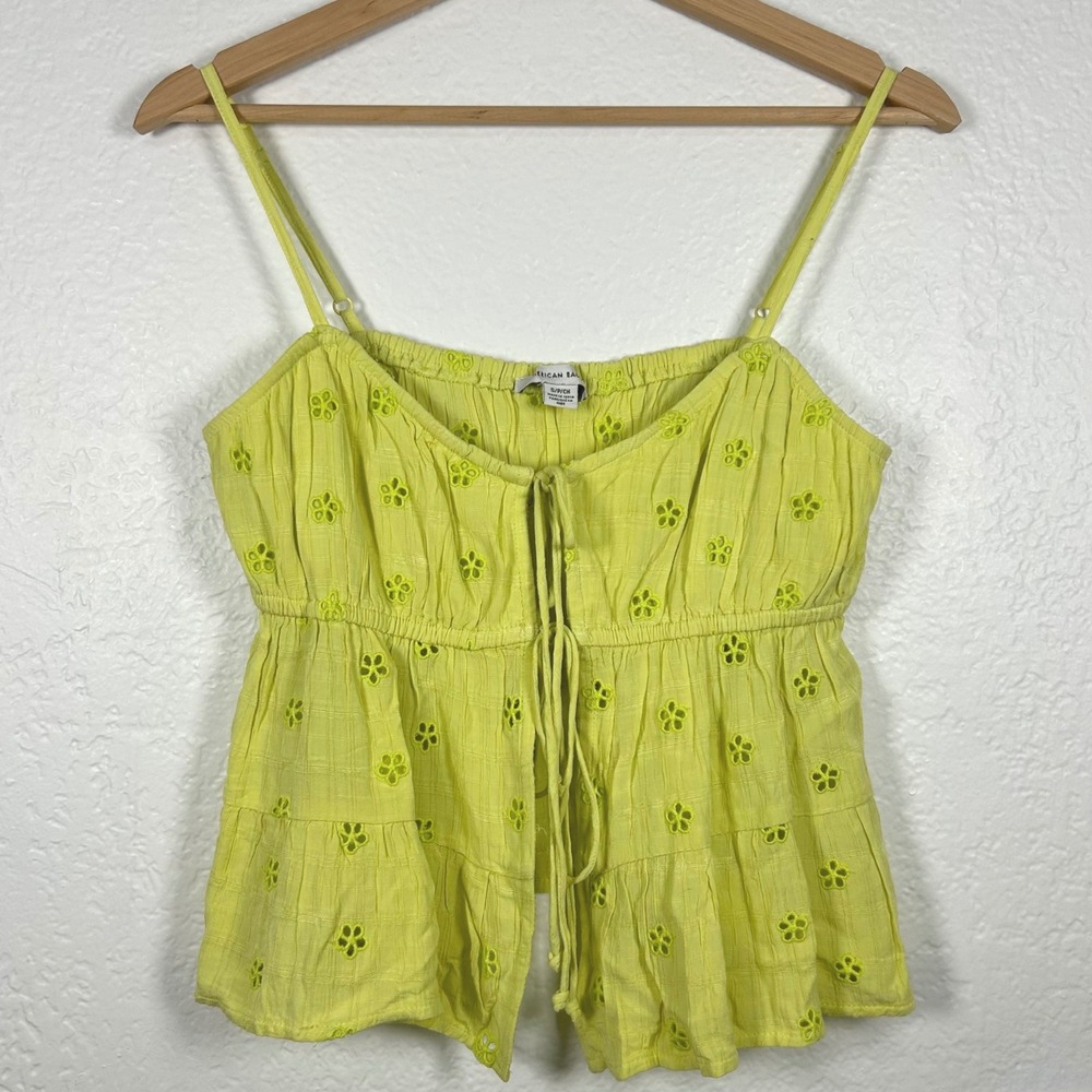 American Eagle Lime Green Eyelet Cami Tie Front Babydoll Tank Top Size S